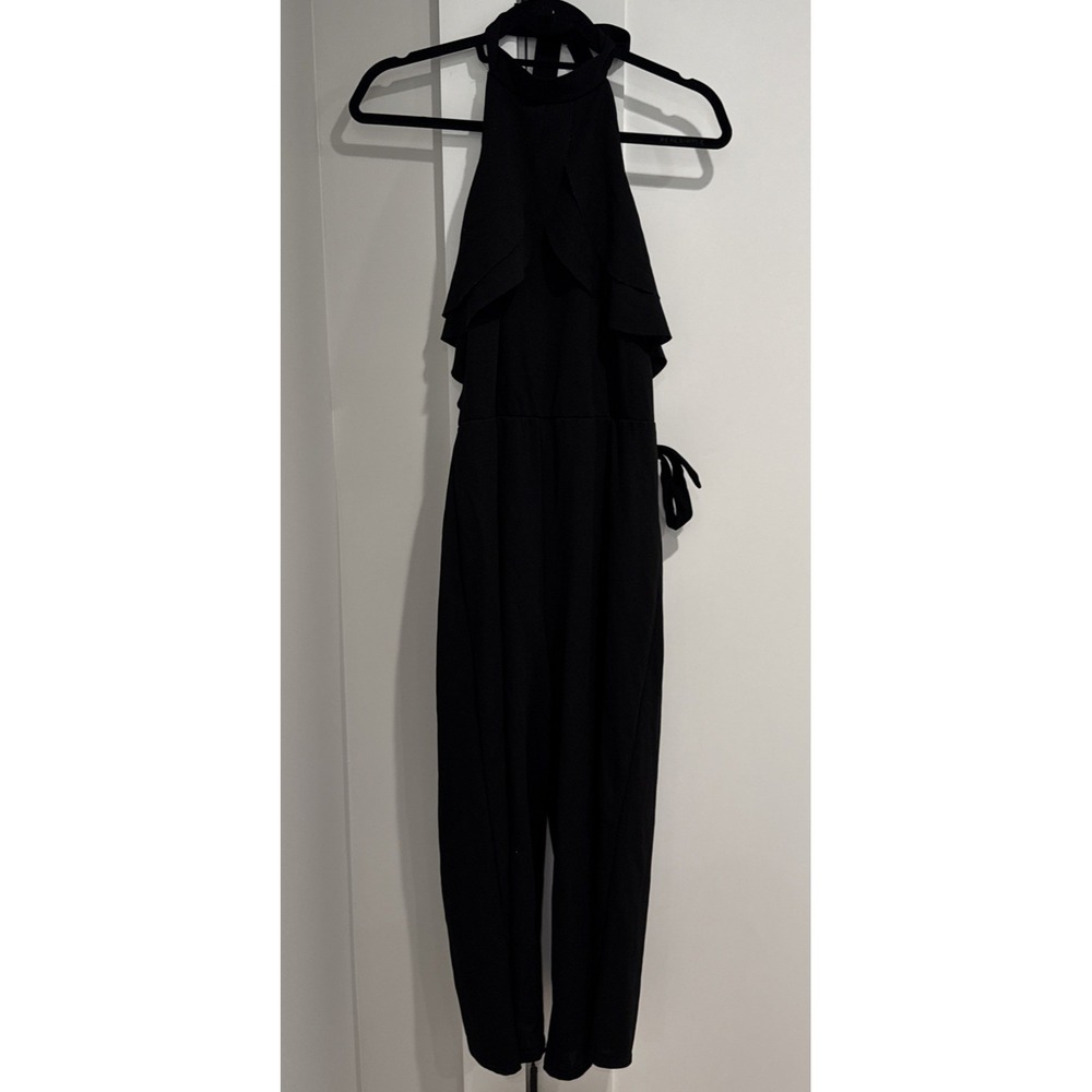Bebe Black Ruffled Halter Top Womens‎ 12 Belted Wide Leg Relaxed Pant Romper